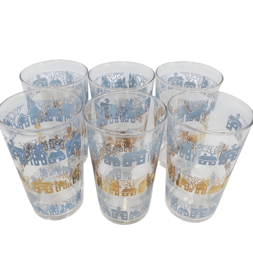 VTG Federal Glass Drinking Glasses Set of 6 Blue Gold Winter Village Scene MCM